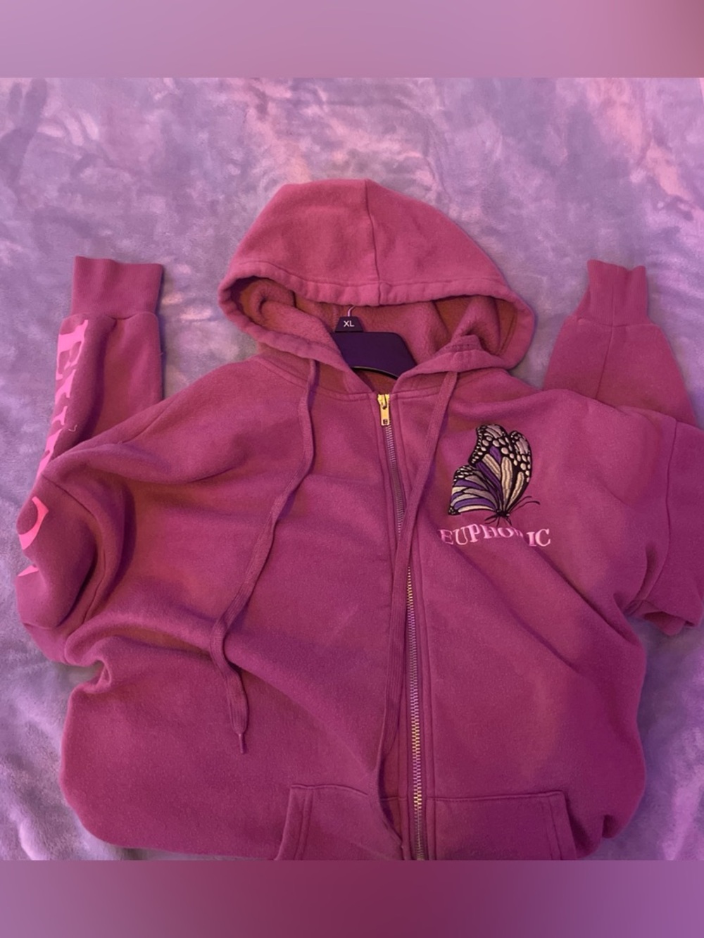 Forever 21 Purple Zip-Up Teddy Hoodie with Butterfly Embroidery